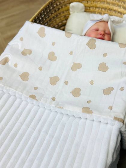 ❤ Плед в пологовий, мінкі плюш, без утеплювача, 100см на 80см. Колір, принт - Плюш смужка білий, серця беж великі (#57420908) ✓  2