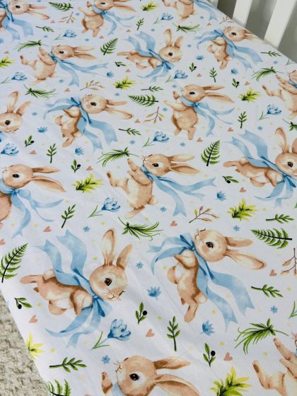 ❤ Простирадло у ліжко бавовняне, на матрац 120 на 60см. Принт - Зайченя з блакитним бантом на білому (#24021340) ✓ Anna Konvert 2