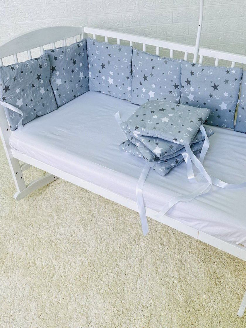 ❤ Бортики-подушки на 4 боки ліжечка, 12 подушок. Принт - Зірки різні на сірому (#4797520) ✓ Anna Konvert