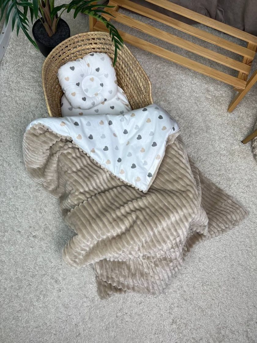 ❤ Набір у візочок, простирадло непромакаюче, плед на змійці. Принт - Бежевий плюш шарпей, серця бежеві (#8358181) ✓ Anna Konvert