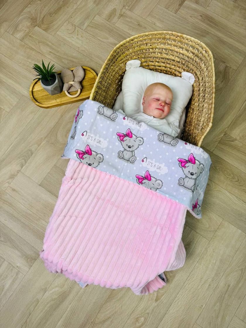 ❤ Плед в пологовий, мінкі плюш, без утеплювача, 100см на 80см. Колір, принт - Плюш смужка рож, Тедді дівчинк на сірому (#7231790