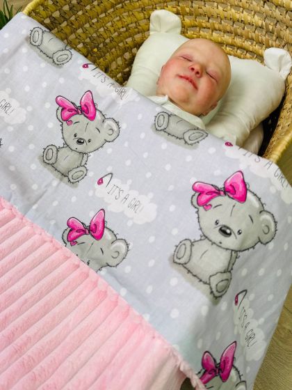 ❤ Плед в пологовий, мінкі плюш, без утеплювача, 100см на 80см. Колір, принт - Плюш смужка рож, Тедді дівчинк на сірому (#7231790 2