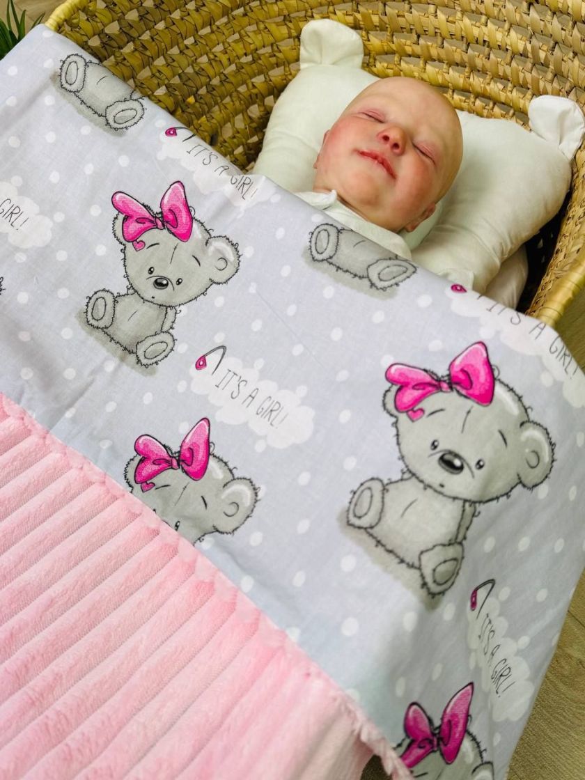 ❤ Плед в пологовий, мінкі плюш, без утеплювача, 100см на 80см. Колір, принт - Плюш смужка рож, Тедді дівчинк на сірому (#7231790