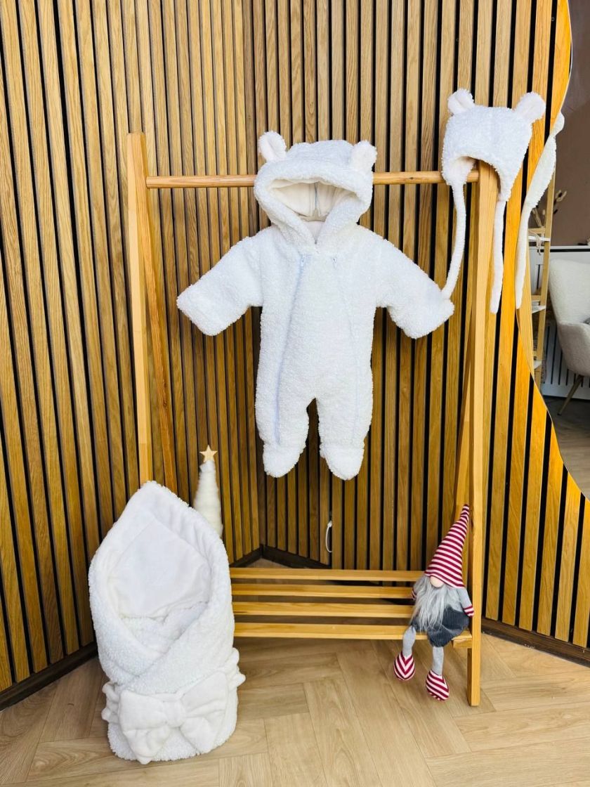 ❤ Зимовий комбінезон з шапочкою барашек, 0-3 міс. Колір - Молочний (#0046) ✓ Anna Konvert