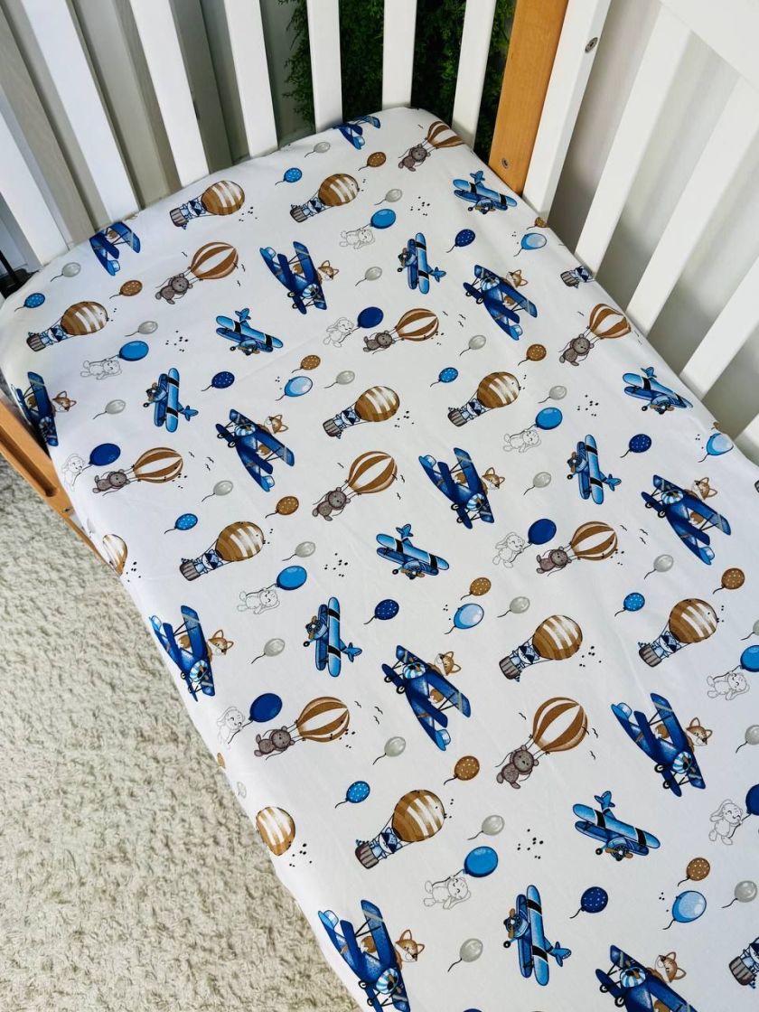 ❤ Простирадло у ліжко бавовняне, на матрац 120 на 60см. Принт - Літак синій, повітряна куля, звірі (#94060589) ✓ Anna Konvert