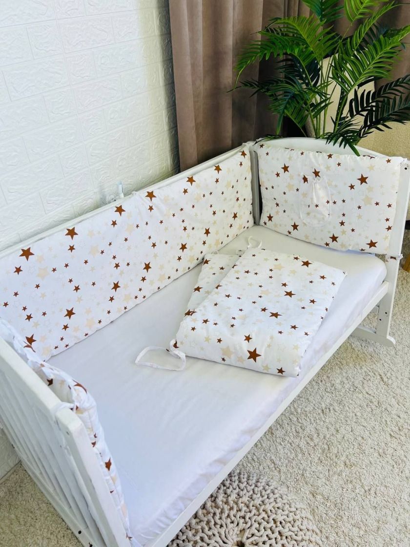❤ Бортики-суцільні на 4 боки ліжка, на завʼязках. Принт - Зірки різні на білому бежеві (#98514113) ✓ Anna Konvert