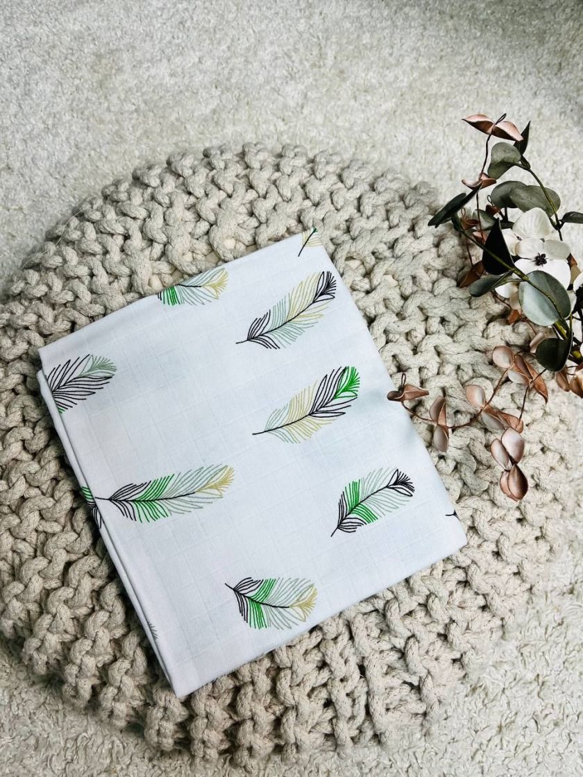 ❤ Пелюшки муслінові двохшарові, 100*80см. Принт - Пір'я зелені на білому (#73642405) ✓ Anna Konvert