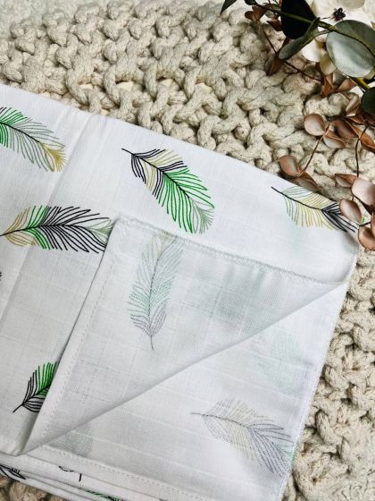 ❤ Пелюшки муслінові двохшарові, 100*80см. Принт - Пір'я зелені на білому (#73642405) ✓ Anna Konvert 2