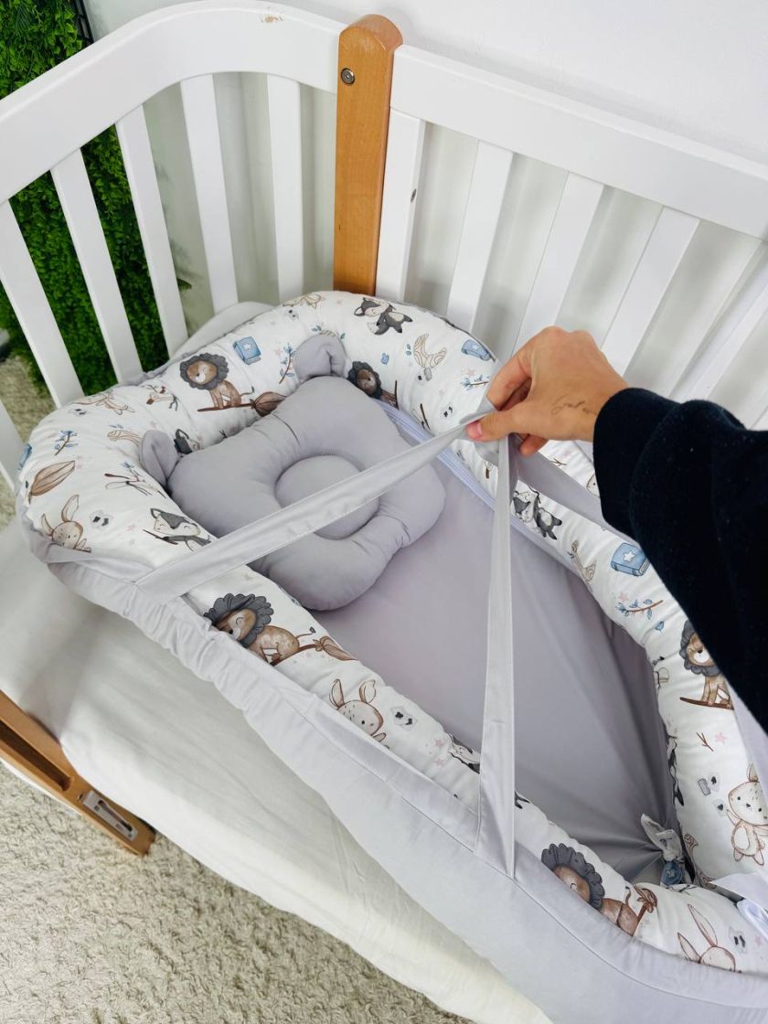 ❤ Кокон-гніздечко з ручками. Принт - Левеня з зайцем сині, сірий однотон. (#51616774) ✓ Anna Konvert