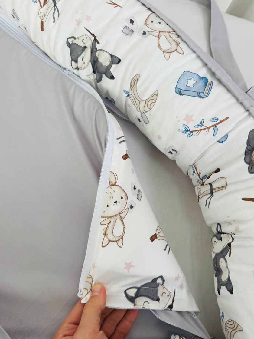 ❤ Кокон-гніздечко з ручками. Принт - Левеня з зайцем сині, сірий однотон. (#51616774) ✓ Anna Konvert