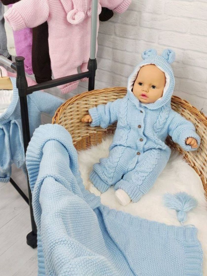 ❤ Чоловічок вʼязка на підкладці з шапочкою, 0-3 міс. Колір - Блакитний. Тип - Ведмедик (#0306) ✓ Anna Konvert
