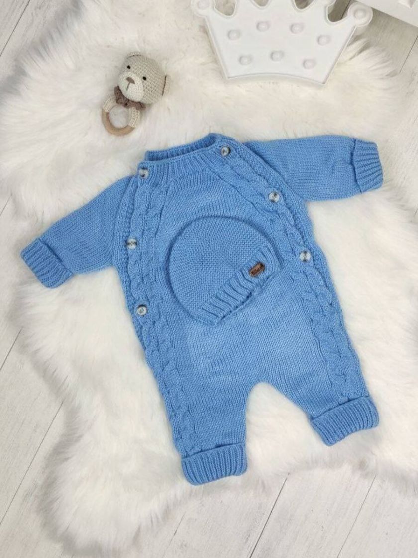 ❤ Чоловічок вʼязка на підкладці з шапочкою, 0-3 міс. Колір - Блакитний. Тип - Двобортний (#42779119) ✓ Anna Konvert