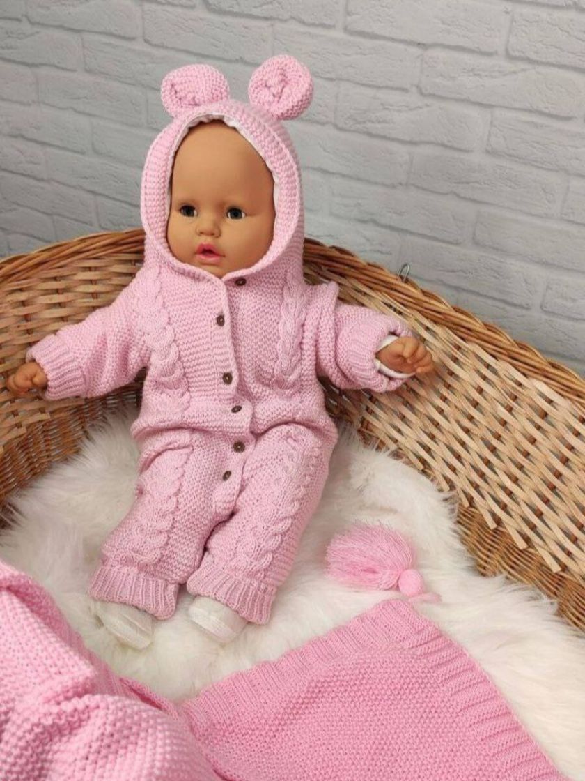 ❤ Чоловічок вʼязка на підкладці з шапочкою, 0-3 міс. Колір - Рожевий. Тип - Ведмедик (#86408323) ✓ Anna Konvert