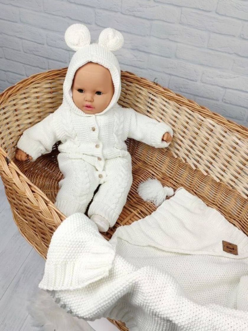 ❤ Чоловічок вʼязка на підкладці з шапочкою, 0-3 міс. Колір - Молочний. Тип - Ведмедик (#22585297) ✓ Anna Konvert