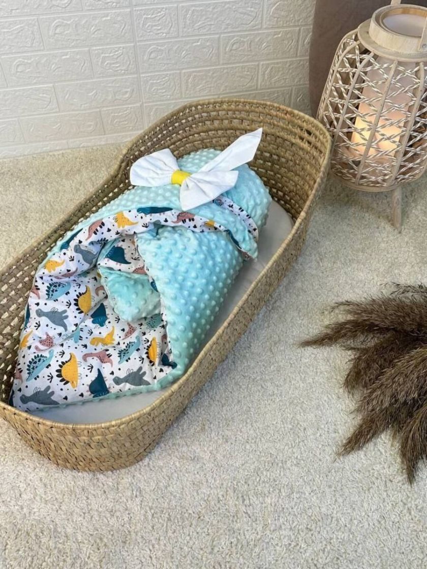 ❤ Конверт-плед на виписку 80 см на 100 см, на блискавці з наповнювачем у чохлі. Принт - Дино, плюш пупирка м'ята (#518434) ✓ Ann