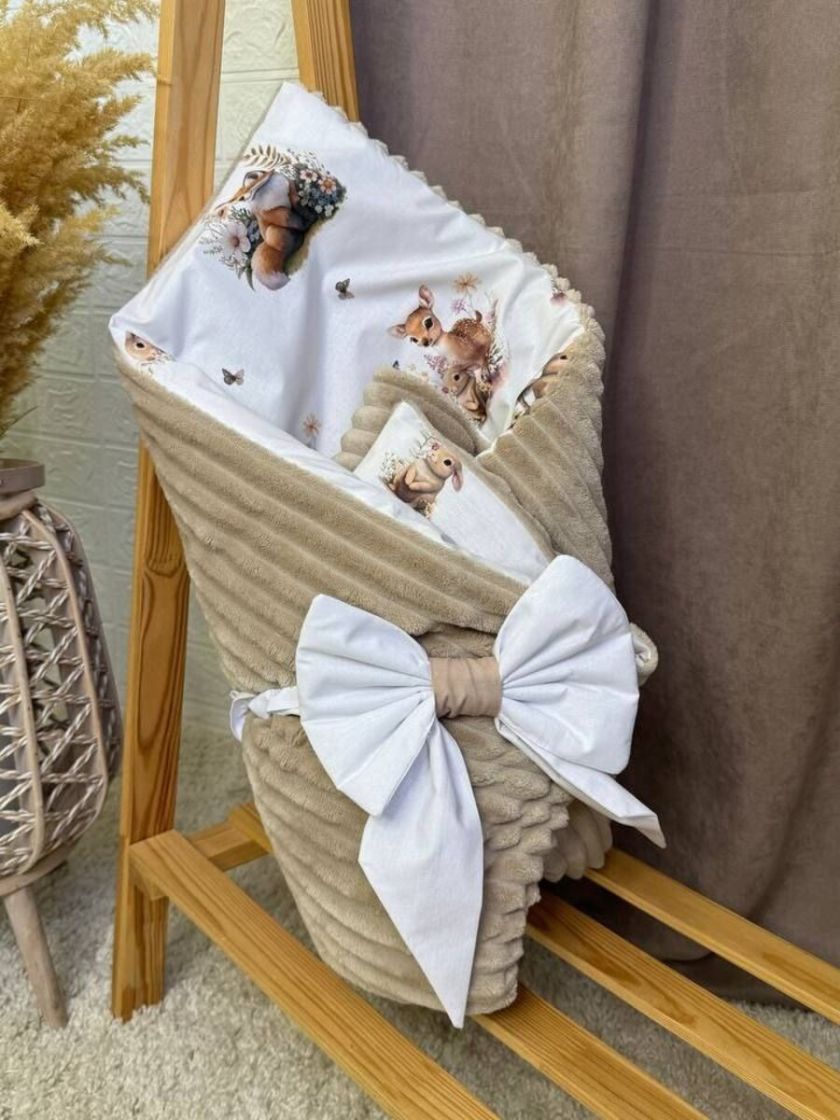 ❤ Конверт-плед на виписку 80 см на 100 см, на блискавці з наповнювачем у чохлі. Принт - Милі звірі, плюш шарпей беж (#6209992) ✓