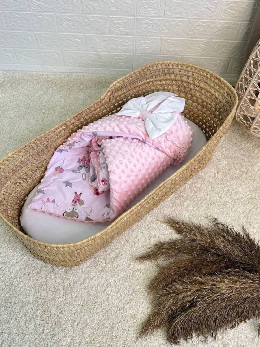 ❤ Конверт-плед на виписку 80 см на 100 см, на блискавці з наповнювачем у чохлі. Принт - Лисенята кульки, плюш пупирка рожевий (#