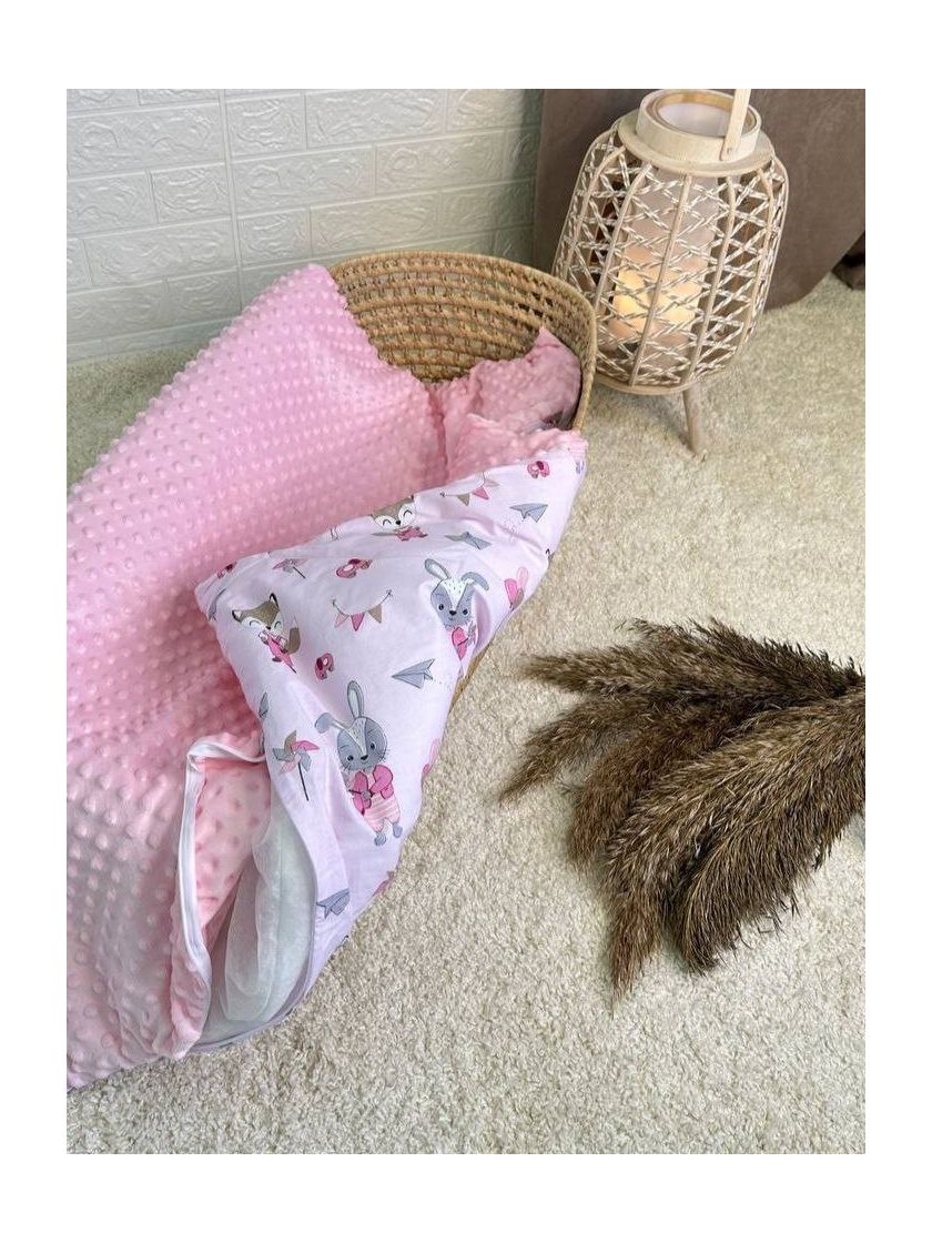 ❤ Конверт-плед на виписку 80 см на 100 см, на блискавці з наповнювачем у чохлі. Принт - Лисенята кульки, плюш пупирка рожевий (#