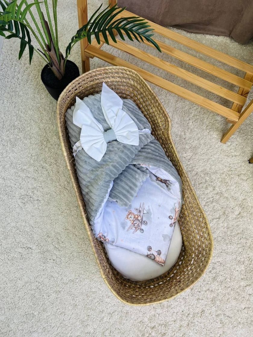 ❤ Конверт-плед на виписку 80 см на 100 см, на блискавці з наповнювачем у чохлі. Принт - Ведмедик на літаку сірий, плюш шарпей (#