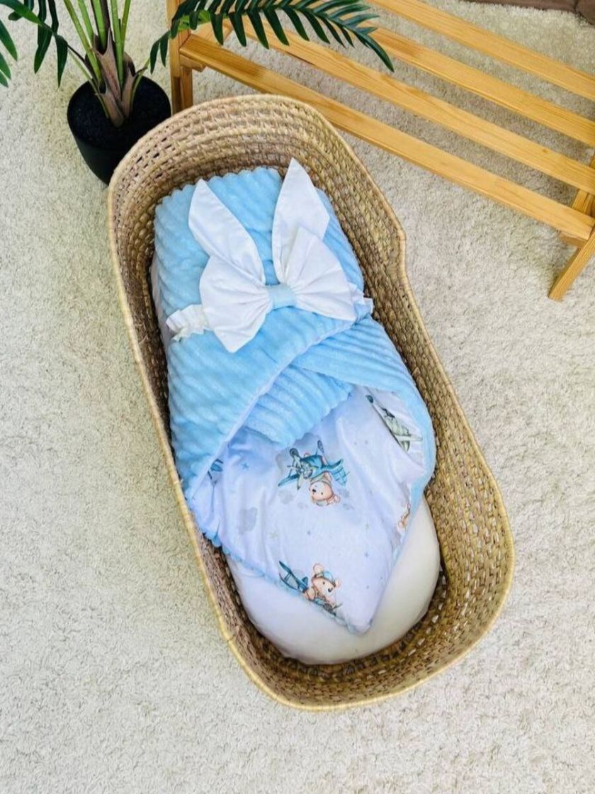 ❤ Конверт-плед на виписку 80 см на 100 см, на блискавці з наповнювачем у чохлі. Принт - Ведмедик на літаку блакитний,плюш шарпей