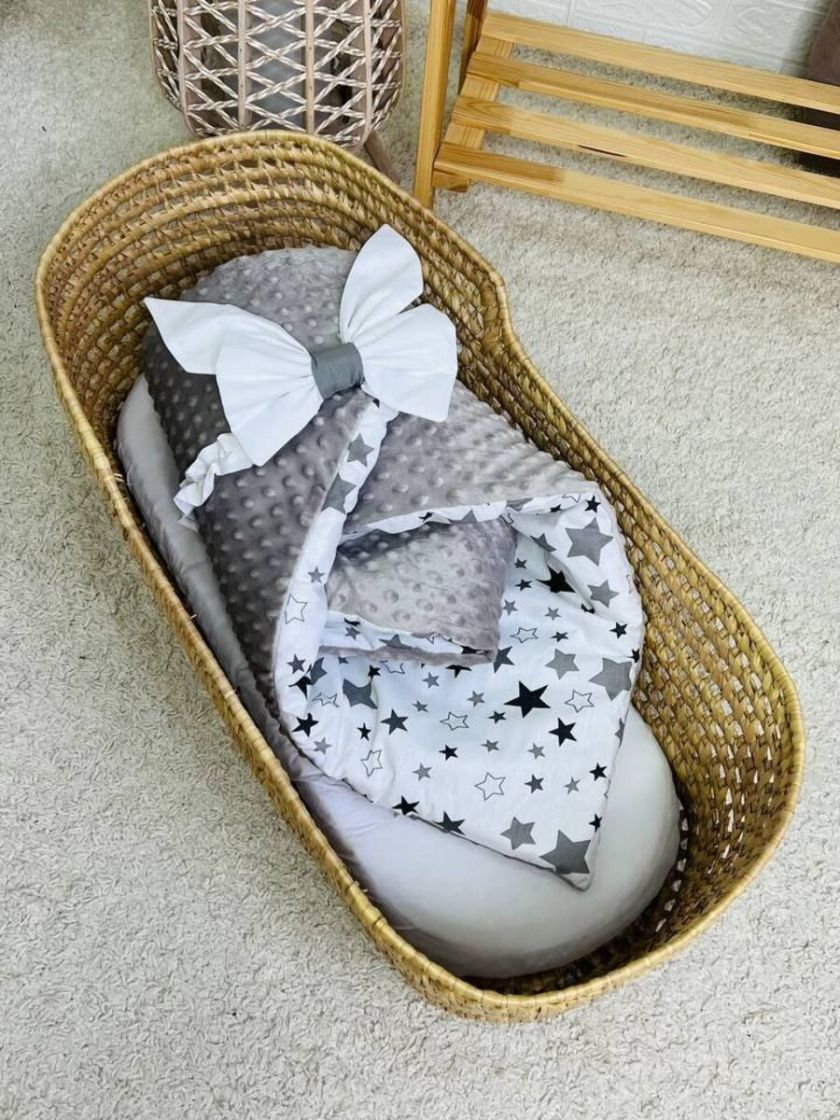 ❤ Конверт-плед на виписку 80 см на 100 см, на блискавці з наповнювачем у чохлі. Принт - Зірки на білому різні,плюш пупирка сірий