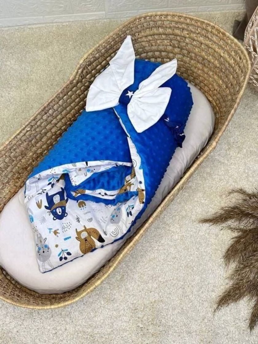 ❤ Конверт-плед на виписку 80 см на 100 см, на блискавці з наповнювачем у чохлі. Принт - Лісні звірі, плюш синій пупирка (#945046