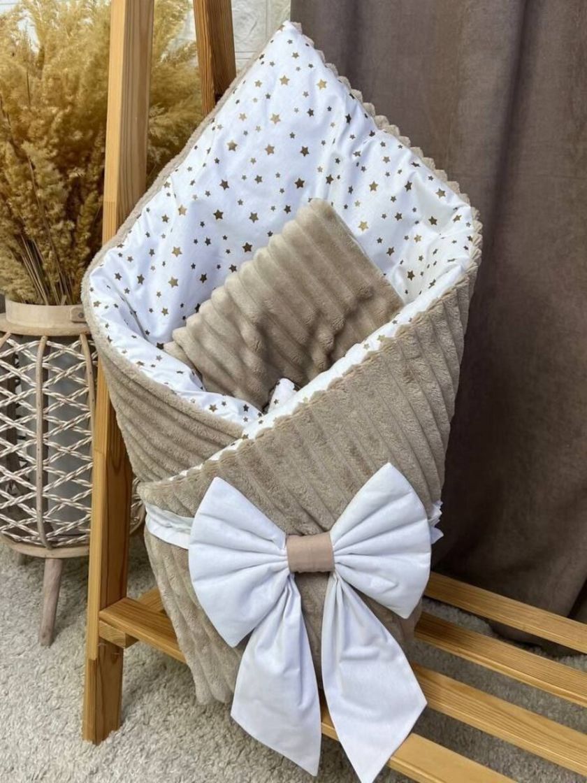 ❤ Конверт-плед на виписку 80 см на 100 см, на блискавці з наповнювачем у чохлі. Принт - Зірки глітер, плюш беж шарпей (#10864272