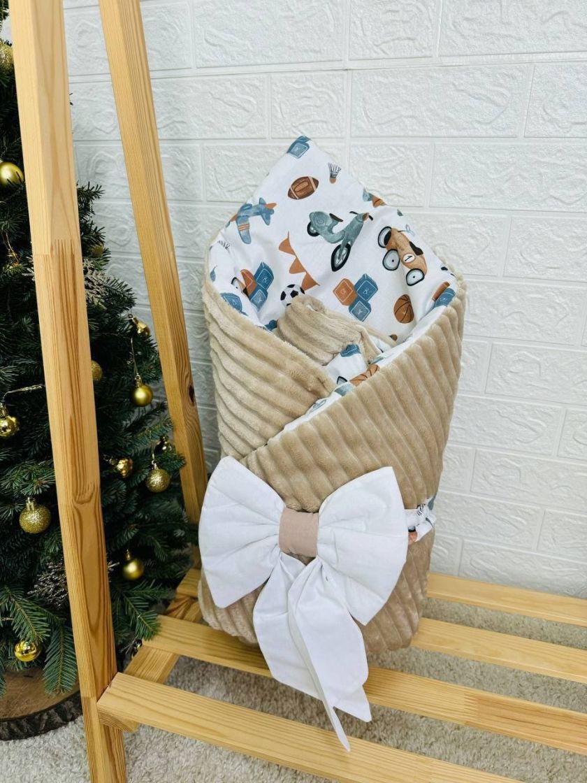 ❤ Конверт-плед на виписку 80 см на 100 см, на блискавці з наповнювачем у чохлі. Принт - Ретро автівки, плюш шарпей беж (#6109079