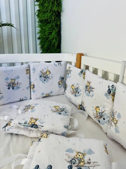 ❤ Бортики-подушки на 4 боки ліжечка, 12 подушок. Принт - Ведмідь на літаку, блакитний (#24712476) ✓ Anna Konvert 2