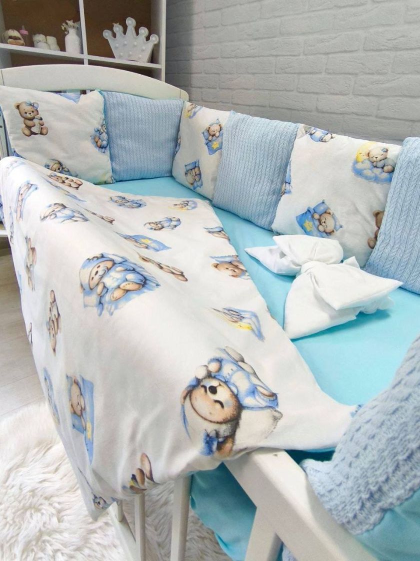 ❤ Набір у ліжко Elliz + тканина Піке, на 3 сторони. Принт - Ведмедик під ковдрою, блакитний (#92781067) ✓ Anna Konvert