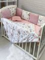 ❤ Набір у ліжко Elliz + тканина Піке, на 3 сторони. Принт - Акварельні квіти з рожевими смужками (#143012) ✓ Anna Konvert