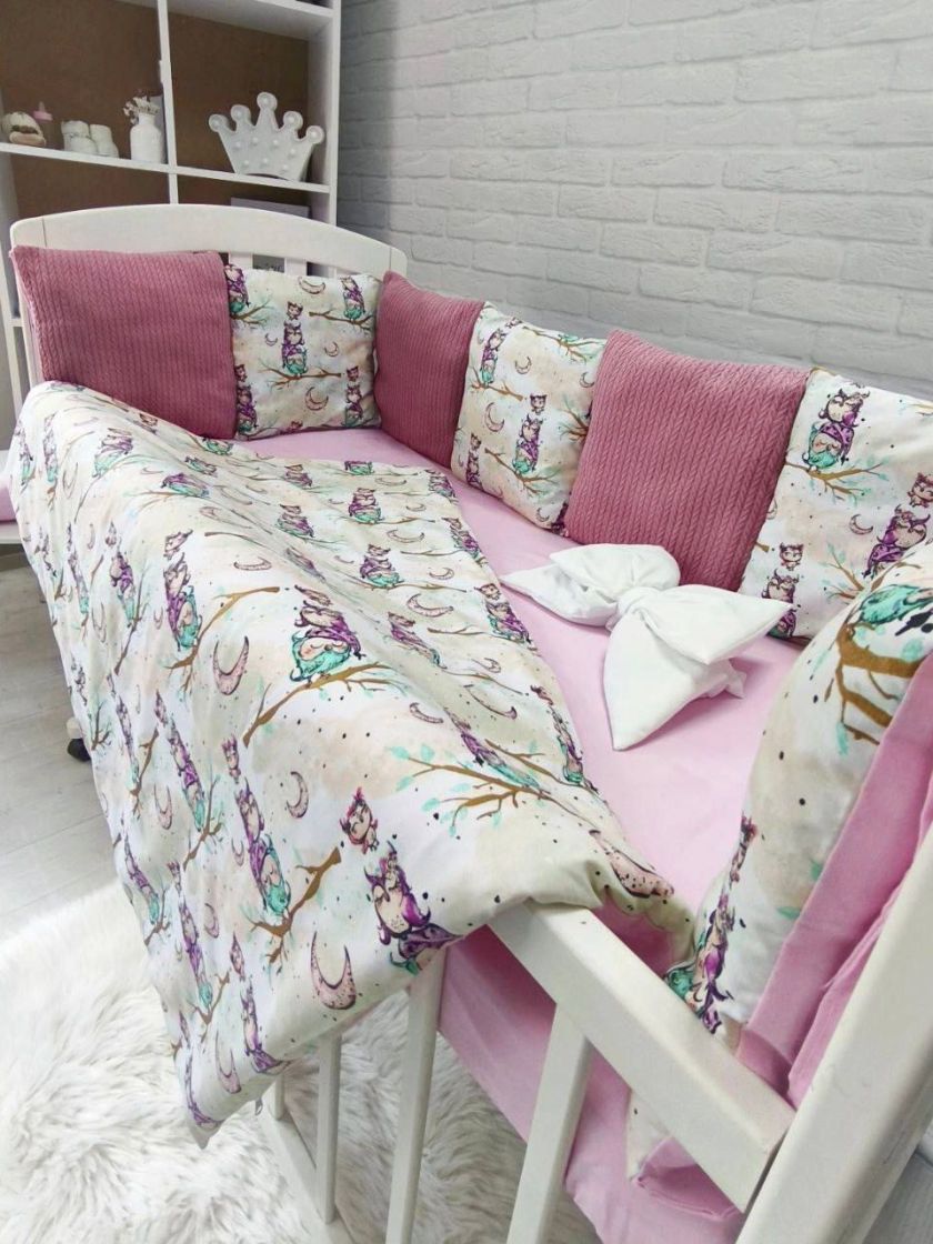 ❤ Набір у ліжко Elliz + тканина Піке, на 3 сторони. Принт - Сови на гілці, рожевий (#71711159) ✓ Anna Konvert