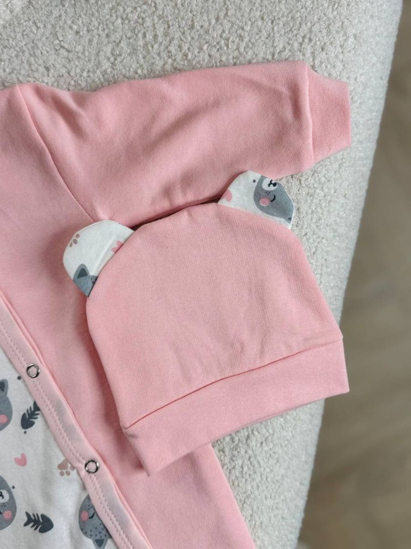 ❤ Чоловічок з шапочкою "Метелик", байка, 62р. БО. Принт - Киці на рожевому. Розмір - 62 (#225331) ✓ Anna Konvert