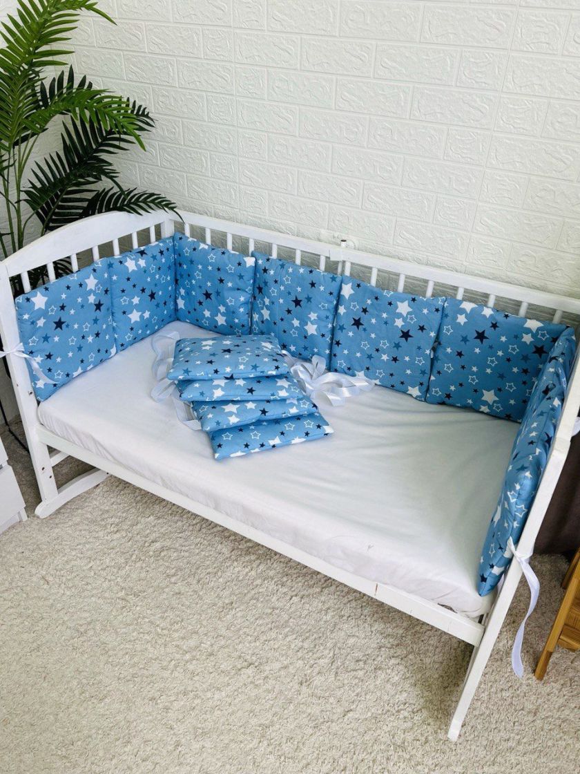 ❤ Бортики-подушки на 4 боки ліжечка, 12 подушок. Принт - Зірки різні на синьому (#57718133) ✓ Anna Konvert