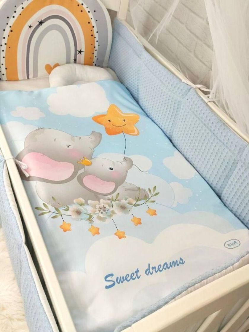 ❤ Набір у ліжко Веселка з суцільними бортиками Elliz. Колір - Блакитний зі слониками (#18068042) ✓ Anna Konvert