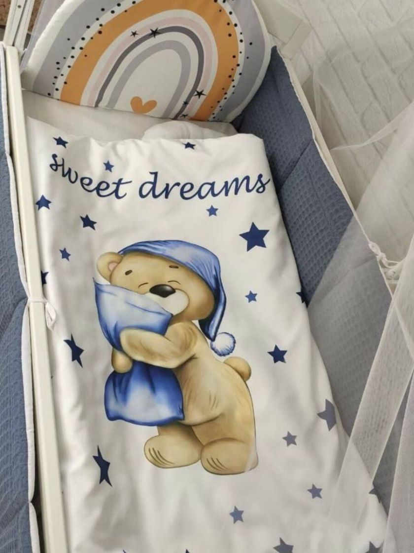 ❤ Набір у ліжко Веселка з суцільними бортиками Elliz. Колір - Індиго з ведмедиком (#0328) ✓ Anna Konvert