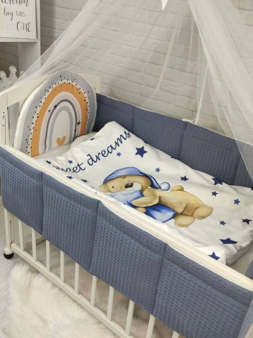 ❤ Набір у ліжко Веселка з суцільними бортиками Elliz. Колір - Індиго з ведмедиком (#0328) ✓ Anna Konvert
