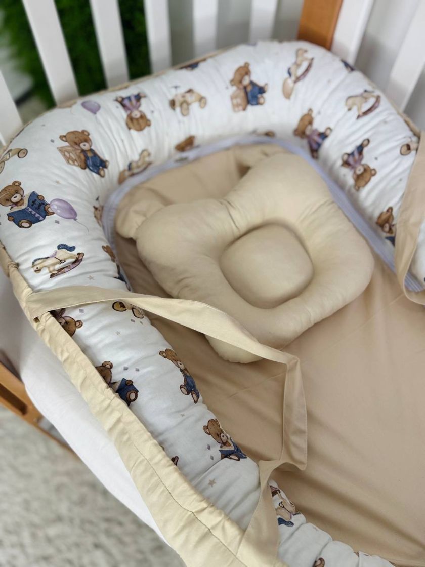 ❤ Кокон-гніздечко з ручками. Принт - Ведмедики з іграшками, однотон капучино (#9919850) ✓ Anna Konvert