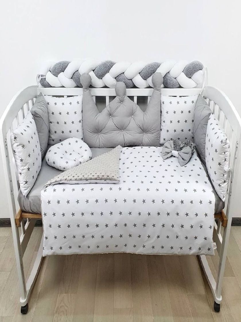 ❤ Набір у ліжко на 4 боки, "Зайка/корона". Принт - Корона сіра із каретною стяжкою. Комплектація - Коса на 4й бік (#60248816) ✓