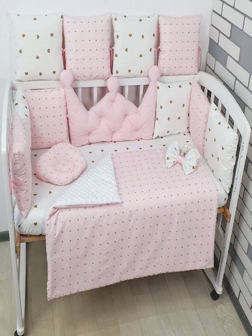 ❤ Набір у ліжко на 4 боки, "Зайка/корона". Принт - Корона рожева із каретною стяжкою. Комплектація - Коса на 4й бік (#83096092) 