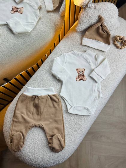 ❤ Комплект 3ка з боді на байці "Smile". Колір - Бежевий з ведмедиком. Розмір - 62 (#36998095) ✓ Anna Konvert