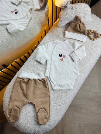 ❤ Комплект 3ка з боді на байці "Smile". Колір - Бежевий з серцями. Розмір - 62 (#72128066) ✓ Anna Konvert