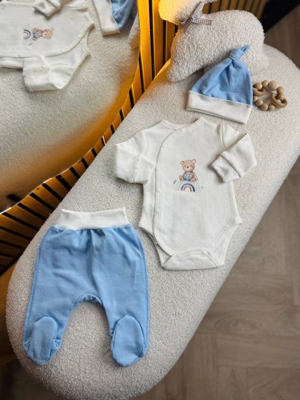 ❤ Комплект 3ка з боді на байці "Smile". Колір - Блакитний з ведмедиком. Розмір - 62 (#16800105) ✓ Anna Konvert