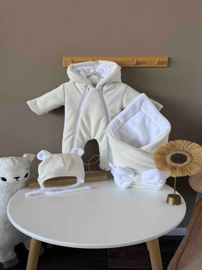 ❤ Зимовий комбінезон з шапочкою, велюровий в смужку, 0-4 міс. Колір - Молочний (#22595106) ✓ Anna Konvert