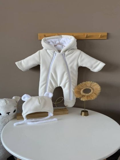 ❤ Зимовий комбінезон з шапочкою, велюровий в смужку, 0-4 міс. Колір - Молочний (#22595106) ✓ Anna Konvert 2