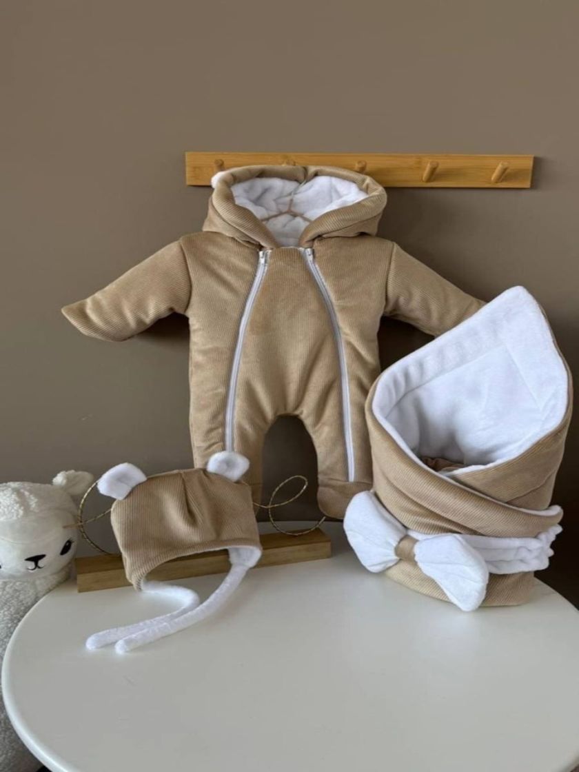 ❤ Зимовий комбінезон з шапочкою, велюровий в смужку, 0-4 міс. Колір - Капучино (#38783660) ✓ Anna Konvert