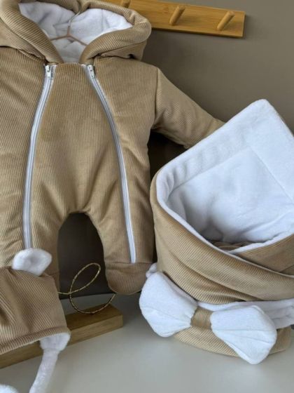 ❤ Зимовий комбінезон з шапочкою, велюровий в смужку, 0-4 міс. Колір - Капучино (#38783660) ✓ Anna Konvert 2