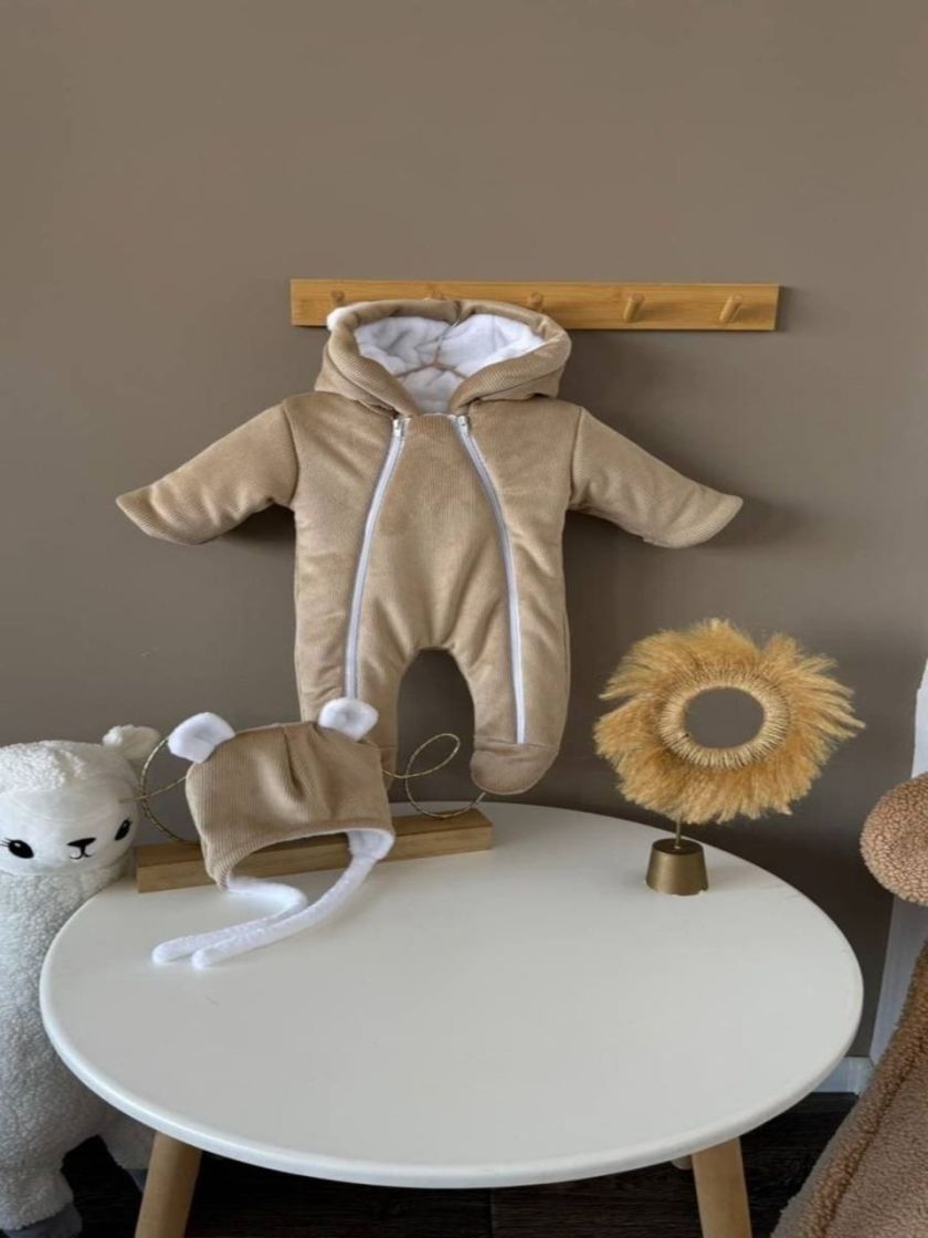 ❤ Зимовий комбінезон з шапочкою, велюровий в смужку, 0-4 міс. Колір - Капучино (#38783660) ✓ Anna Konvert