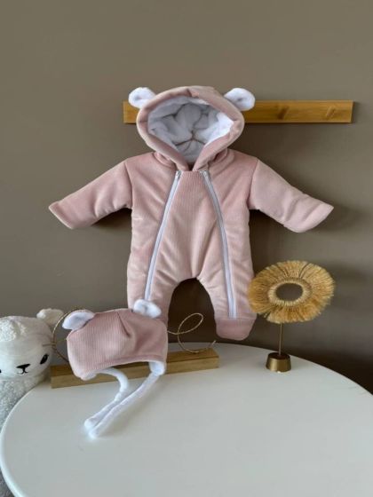 ❤ Зимовий комбінезон з шапочкою, велюровий в смужку, 0-4 міс. Колір - Пудровий (#1789825) ✓ Anna Konvert 2