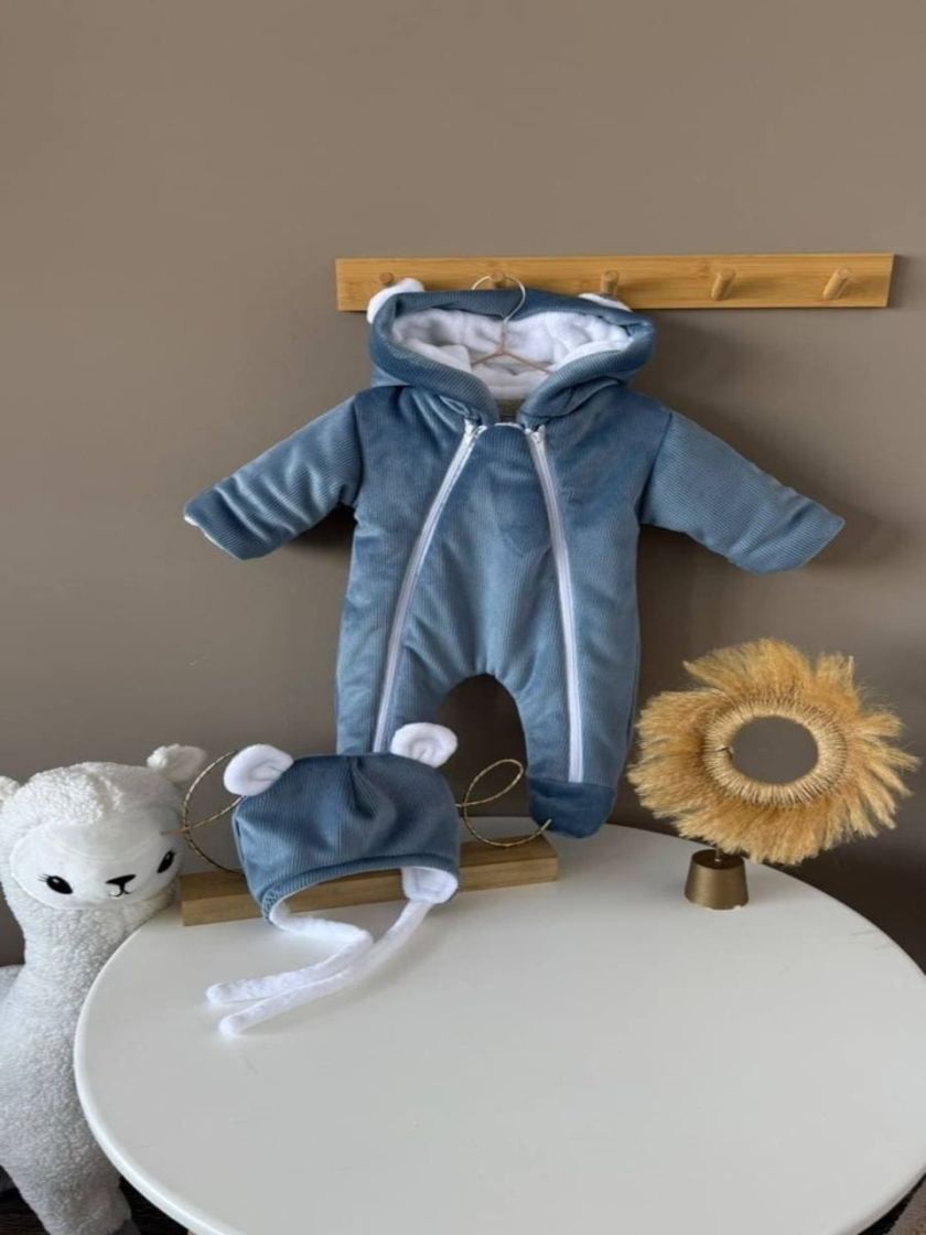 ❤ Зимовий комбінезон з шапочкою, велюровий в смужку, 0-4 міс. Колір - Синій (#26255292) ✓ Anna Konvert